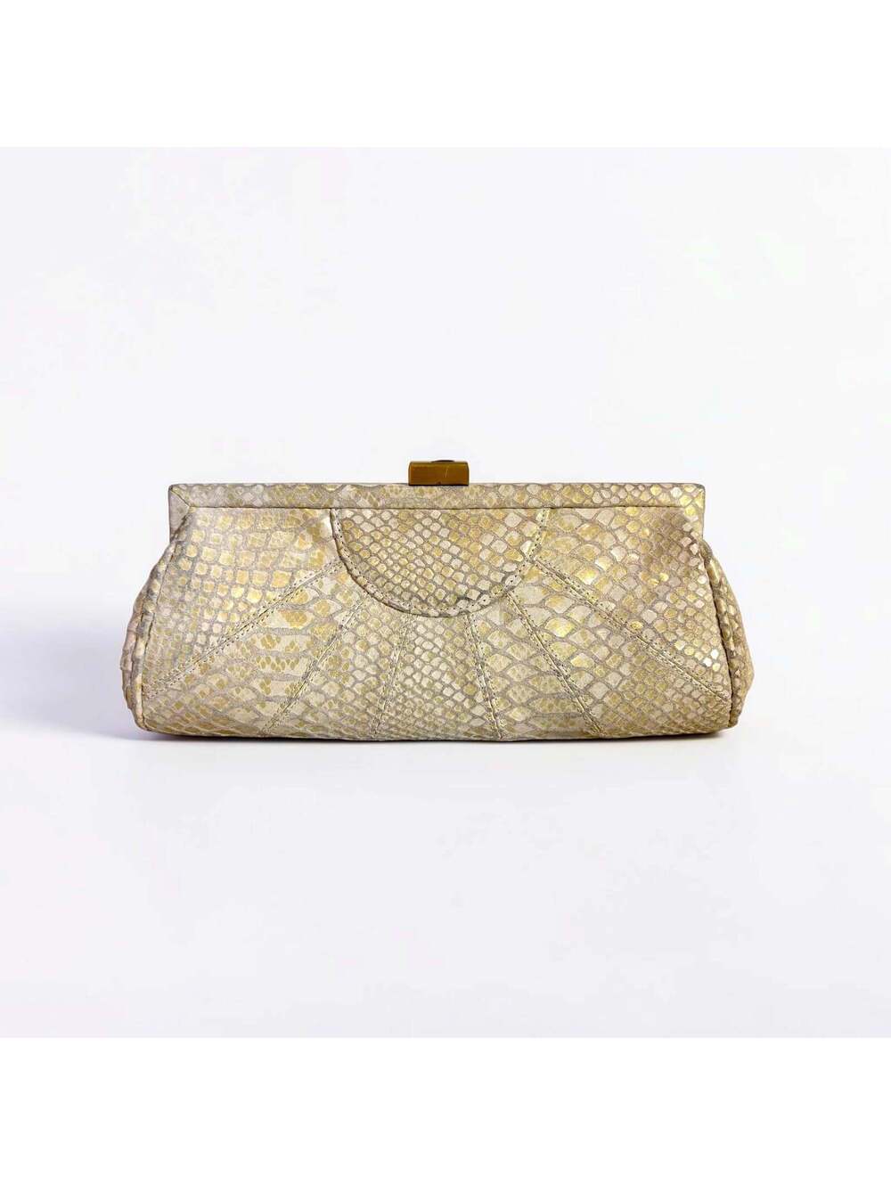 Inge Christopher Champagne Metallic Snakeskin Leather Frame Clutch Evening Bag